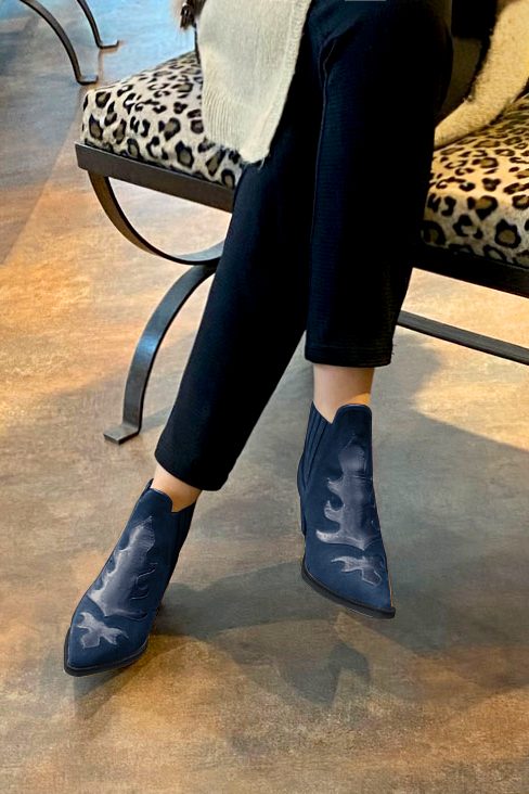 Navy blue women's ankle boots, with elastics. Pointed toe. Low cone heels. Worn view - Florence KOOIJMAN